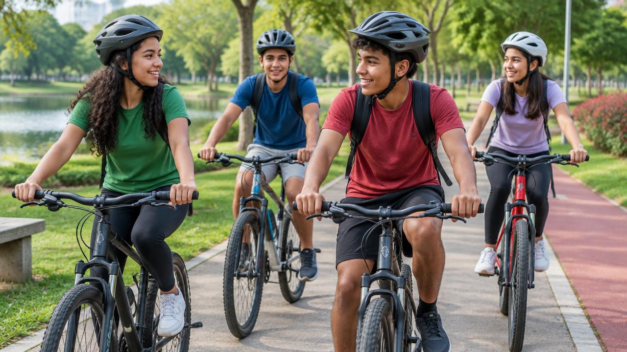 Adolescentes com capacetes em uma atividade segura de bicicleta